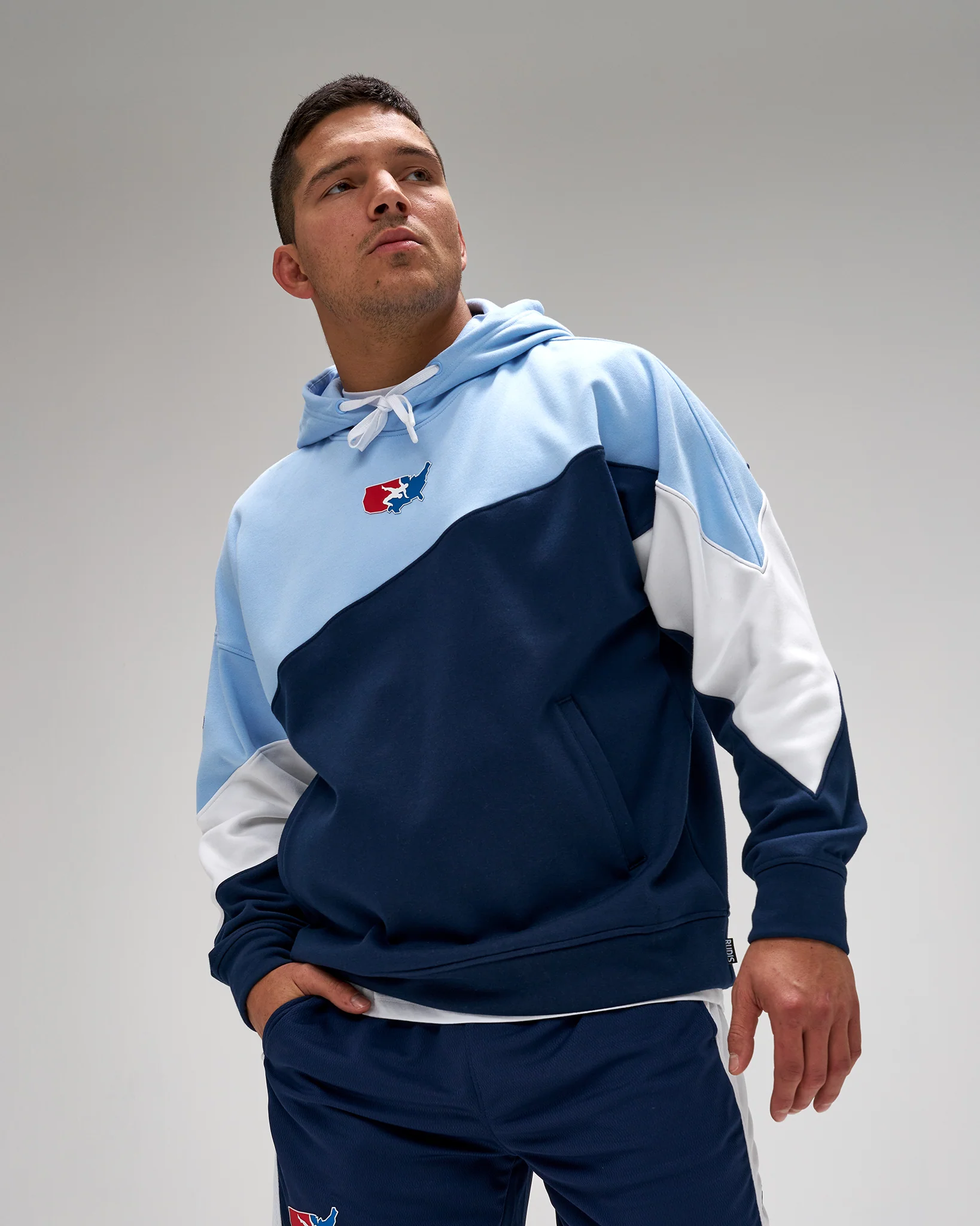 USA Wrestling Fleece Colorblock Hoodie - Navy/Light Blue/White