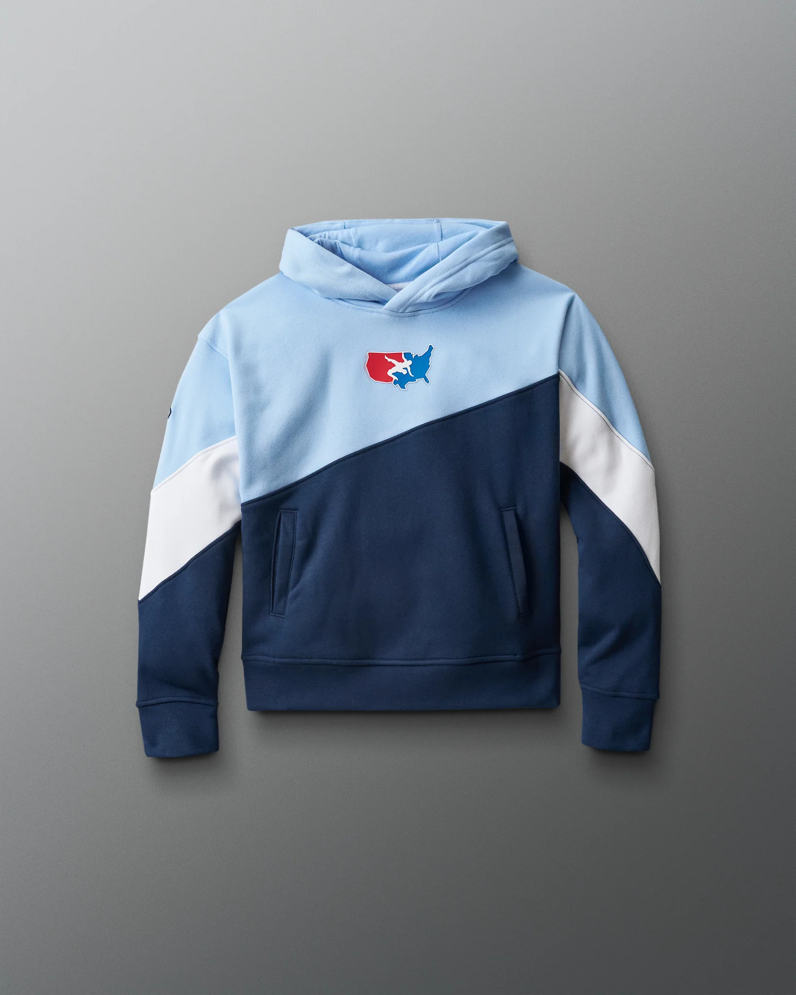 USA Wrestling Fleece Colorblock Youth Hoodie - Navy/Light Blue/White