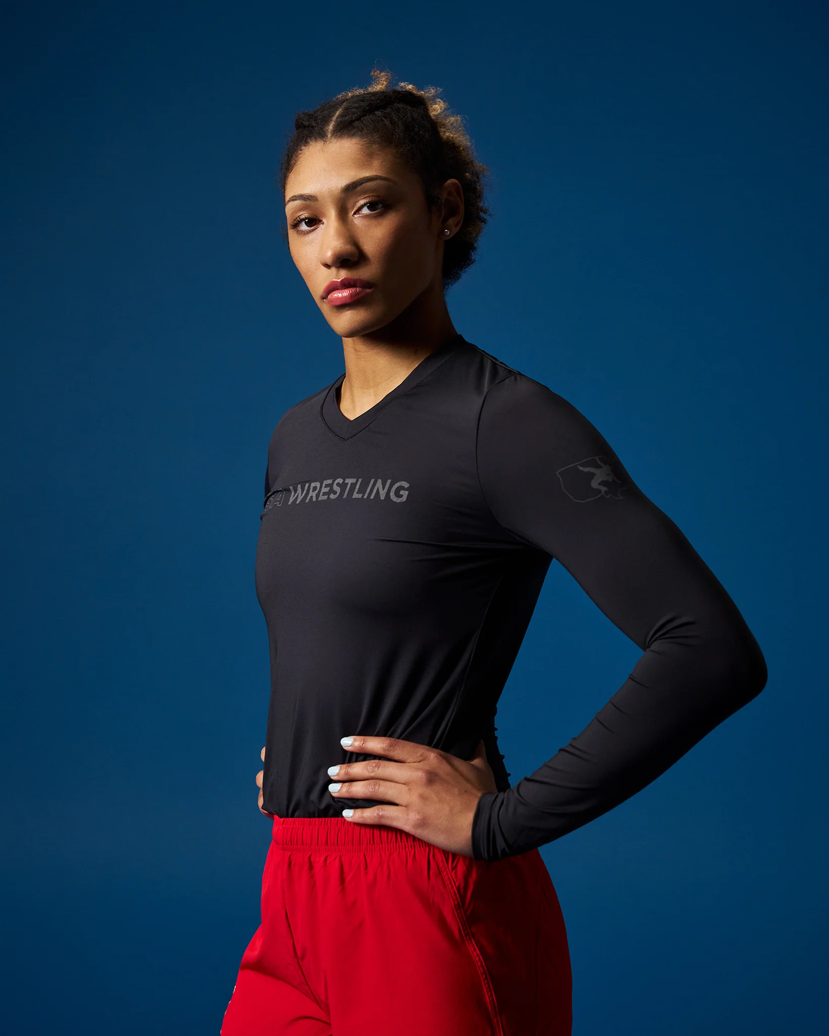 USA Wrestling Wordmark Performance Women's V-Neck Long Sleeve - Image 2